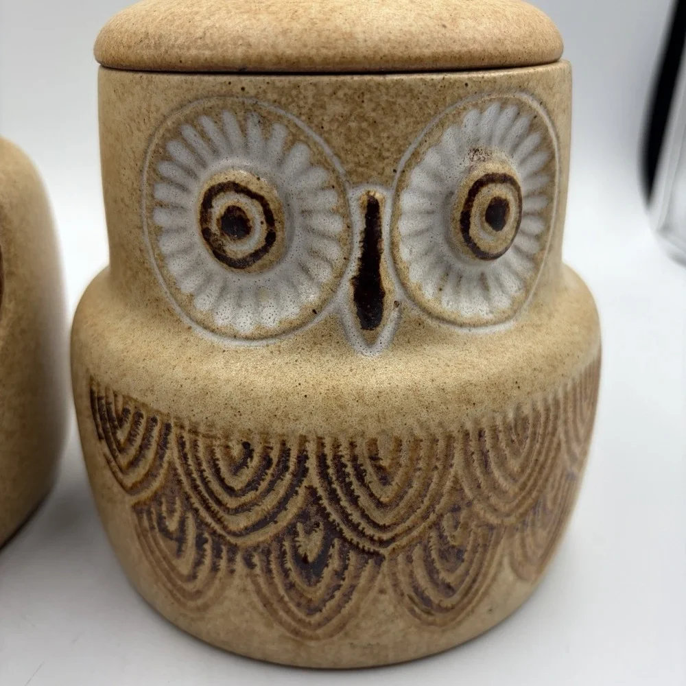 Two Vtg Owl Canisters W/ Lids 1970s Pottery Craft USA MCM Cottagecore Country